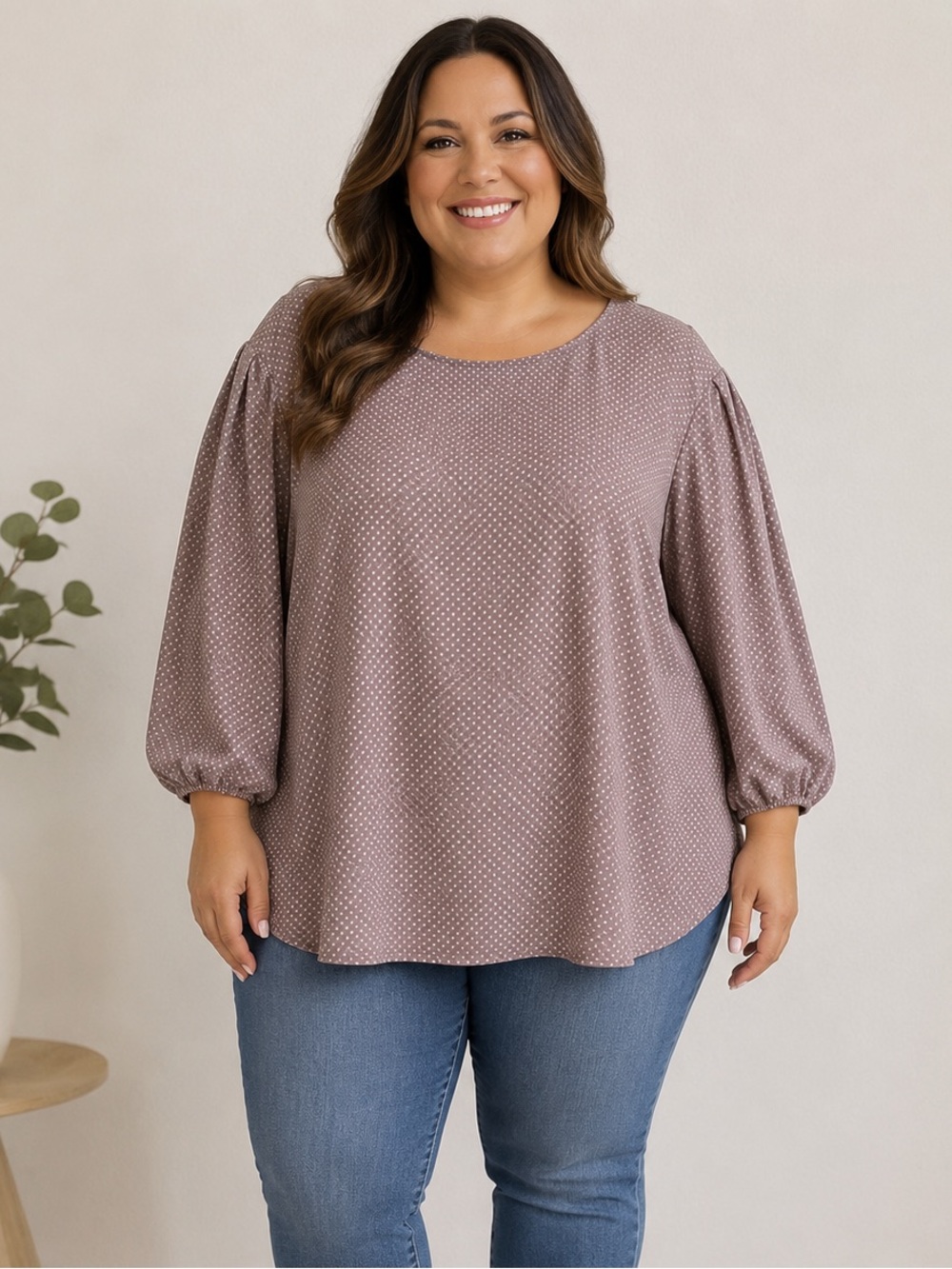 Adrianna Papell 2X Mauve Polka Dot Blouse 3/4 Sleeve Keyhole Business Casual